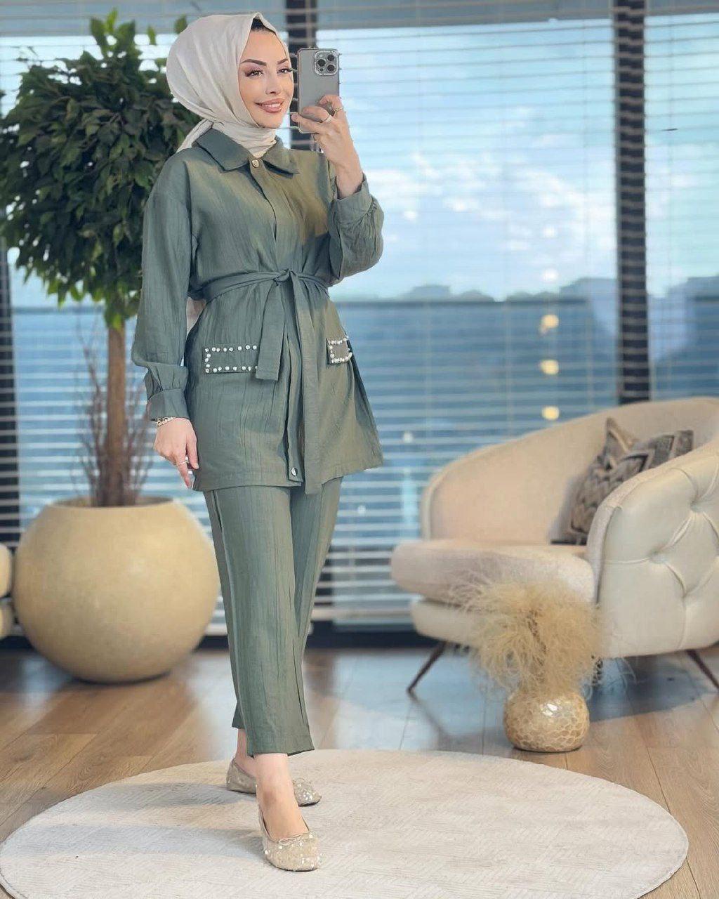 olive-green two-piece outfit