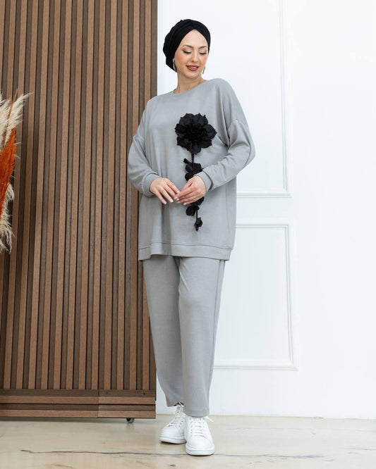 casual, modest two-piece outfit in a soft gray color